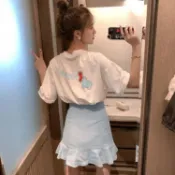 夏季寬鬆印花T恤不規則荷葉邊半身裙女a字短裙高腰包臀魚尾裙套裝