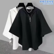 月鳥商社 蝙蝠袖設計短袖t恤男 單穿 連帽防曬衫 M-3XL 五分袖連帽T恤 夏季日系潮流帥氣拉鍊連帽t恤半袖潮牌寬鬆