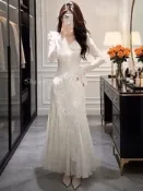 【法式蕾絲】高級感洋裝 晚禮服 魚尾裙 顯瘦 精緻 高端 禮服洋裝 法式洋裝 秋季新款 旗袍洋裝改良 法式 晚禮服洋裝