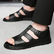 (店+)涼鞋男厚底拖鞋防滑平底懶人鞋大尺碼休閒鞋夏季輕便透氣包頭涼拖鞋戶外涉水運動涼鞋止滑健走鞋時尚內增高男鞋子男士一字舒適涼鞋 真皮涼鞋護趾水陸涼鞋護指機能登山鞋男男款軟底沙灘鞋夏天男生寬楦氣墊羅馬涼鞋