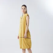 (店+)【Qiruo 奇若名品】棉質小包袖滾咖啡邊芥末黃 中長洋裝0319F