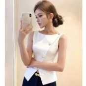 女士不對稱西裝外套辦公室工作 O 領背心商務斜扣背心