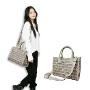 (店+)【DKNY】DKNY 手提包 淡棕 滿版LOGO 撞色包包 小托特包 紙袋包 肩背袋 單肩包 附寬背帶  #1423