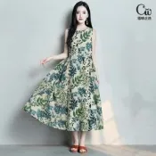 【CW 貓咪走路】渡假風印花棉麻背心連衣裙洋裝(渡假風/印花/連衣裙/KDDY-3103)