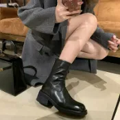 全球選品1館 生活百貨 厚底瘦瘦靴子女2026新款秋冬韓系小踝靴粗跟法式真皮圓頭馬丁短靴