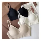 (店+)【FEE BABY】冰絲V領無痕美背細肩帶小可愛 BRA TOP 含胸墊無鋼圈 小背心 美背背心 涼感 內衣 秋冬女 bra top 白色 黑色 奶膚色