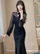 半屋 尾牙禮服 洋裝 高級感黑色氣質連衣裙2024秋季新款法式宴會禮服長款魚尾裙1921交換禮物 三木優選