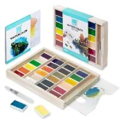 【COLOUR BLOCK】24色塊狀水彩顏料木盒套組 含水筆 畫本(固體水彩 常用色系 寫生 美術用品)