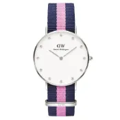 DW Daniel Wellington 施華洛世奇水晶藍粉紅帆布腕錶-銀框/34mm(DW00100081)