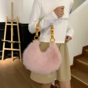 喜挖2店 毛茸茸單肩餃子包女2025秋冬高顏值木珠手提休閒包時尚百搭腋下包