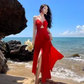 海島度假風洋裝 海邊洋裝  仙女裝 旅遊 辣妹紅色吊帶露背連衣裙 泰國三亞海邊度假 沙灘裙 長裙 女夏