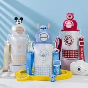 【Disney 迪士尼】316不繡鋼卡通公仔造型一蓋雙飲倒水三用保溫杯550m-米奇/草莓熊/史迪奇