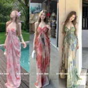 【𝐊𝐈𝐊𝐈𝐅𝐀𝐌𝐄】🌸ℋ𝑜𝓁𝒾𝒹𝒶𝓎～泰式美人·印花扎染抓皺平口洋裝 長洋裝 碎花洋裝 A字洋裝 渡假洋裝 無袖連身裙