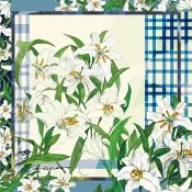 水彩百合與藍白鶲純棉手帕 50cm 日本 Christal ART