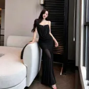 【台灣出貨】三色純欲風網紗拼接連衣裙 吊帶洋裝 名媛女裝 抹胸平口洋裝 修身魚尾裙 氣質長裙 生日洋裝酒店衣服藍色洋裝婚