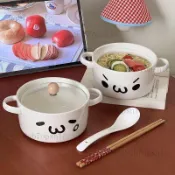 🔥台灣出貨🔥泡面碗 飯碗 拉麵碗 碗盤 湯碗 餐具 爆款顏文字泡麪碗陶瓷帶蓋雙耳麪碗學生宿舍方便麪碗螺螄粉湯碗