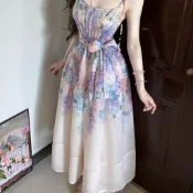 【佩奇裝搭】絶美碎花吊帶連衣裙 僊女氣質 浪漫印花 收腰顯瘦 海邊大裙擺 度假長裙