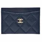 【CHANEL 香奈兒】經典菱格粒紋牛皮雙C LOGO金釦萬用信用卡夾(深藍AP0213C-DEEP BLUE-GP)