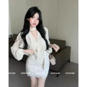 【𝗞𝗜𝗞𝗜𝗙𝗔𝗠𝗘】🕊️好溫柔呀.ᐟ.ᐟ 大美人V領飄帶長袖雪紡衫 蕾絲短裙 雪紡襯衫 飄帶上衣 蕾絲裙 包臀裙 兩件套