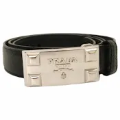 PRADA 立體三角標誌銀鐵牌防刮皮革細版皮帶(黑)85cm/36