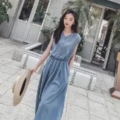 洋裝 長裙 連身裙 開叉裙收腰顯瘦及踝冷淡風裙子極簡氣質雪紡連衣裙繫帶 短袖時尚T648-C .616 胖胖美依
