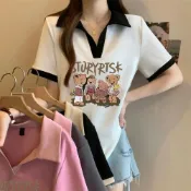 (店+)Polo衫女寬鬆運動中大尺碼ins短袖t恤排汗衫上衣立領顯瘦休閒涼感短版五分袖女裝t恤polo衫上衣