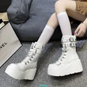 【韓貨★免運】cos增高鞋女cos增高鞋10cm加墊20cm爆款高跟厚底中筒騎士朋克靴防水臺短靴中筒馬丁靴 中筒靴 英倫