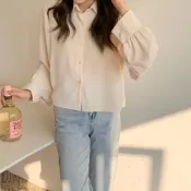MUMU【T77368】TGY現貨 杏色 溫柔色系後打摺雪紡襯衫 長袖 透膚上衣 寬鬆襯衫 透視感 防曬雪紡襯衫 女裝
