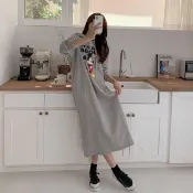 正韓 米奇 懶人裙 洋裝 連帽 長裙 長洋裝 休閒 寬鬆 長袖 卡通 衛衣裙 韓國