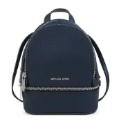 Michael Kors  RHEA 銀字LOGO海軍藍色鵝卵石紋皮革雙層三用包(手提/斜/後背)