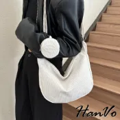 【HanVo】簡約大容量燈心絨餃子包 韓系單肩母子包 上課上班包 韓系帆布包 女生配件 C05-1084