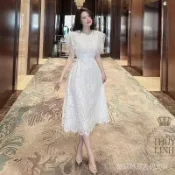 《現貨下單》白色蕾絲洋裝 網紗飛飛袖高腰大傘擺 全幅蕾絲雕花溫柔氣質風及踝長版 婚禮宴會下午茶約會 顯瘦遮肉大尺碼