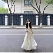 新中式中國風復古水墨吊帶連衣裙女夏季拼接收腰大裙擺長裙子