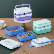 【Homely Zakka】可微波手提超大容量雙層分隔便當盒3格附餐具/飯盒/餐盒_3色任選(健身餐盒 健康分隔盒)