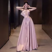 粉色長款禮服裙 單肩正式長禮服 酒紅色新娘家宴禮服長洋裝 大尺碼胖mm顯瘦小個子孕婦遮肚 新娘高級感單肩結婚回門禮服