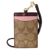【COACH】卡其C Logo撞色粉咖真皮掛勾證件票卡夾