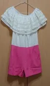 LISA.LISA 日系 蕾絲彈性蛋糕領 側拉鍊 雪紡連身短褲 粉色 假二件