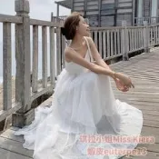 ［琪拉小姐］荷葉邊氣質v領大裙擺洋裝 v領洋裝 長裙 渡假洋裝 海灘長裙 女神洋裝 顯瘦露背洋裝 法式優雅捲邊雪紡洋裝