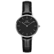 DW Daniel Wellington 浪漫雷丁黑色壓紋皮帶石英腕錶-銀框/28mm(DW00100235)