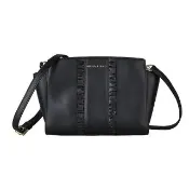 【Michael Kors】MICHAEL KORS SELMA MESSENGER金字LOGO褶皺設計滑面牛皮拉鍊斜背包(中/黑)