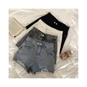 (店+)YAFFA_大尺碼可❗️韓版高腰牛仔短褲 毛邊高腰牛仔短褲 兩粒扣短褲 高腰短褲 高腰牛仔短褲 毛邊牛仔短褲 刷破牛仔短褲 白色短褲