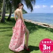 【梨卡】隔日到貨 女裝 洋裝 沙灘裙 V領吊帶洋裝 海邊度假長裙 露背洋裝 印花洋裝 純欲風長裙C6636【現貨24H】
