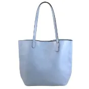 【COACH】MANHATTAN 簡約燙金LOGO皮革大肩背包托特包(淺藍)
