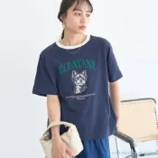 〈earth music〉涼感印花標語圖案撞色領短袖T恤