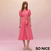 SO NICE【特惠】亮粉色多巴胺法式襯衫領收腰綁結長洋裝｜都會時尚女裝 【73534001】