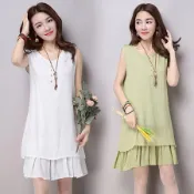 【Billgo】※現貨【 白/綠/桔紅M~2XL】涼感雙層棉麻連身裙 夏天無袖荷葉洋裝 渡假韓系無印風【B215028】