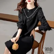 初色  韓版寬鬆圓領碎花拼接花邊連身洋裝-黑色-64270(M-2XL可選)