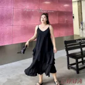 胖妹妹大裙擺吊帶裙 150公斤大碼女裝 oversize 寬鬆純色長款設計感拼接無袖V領連衣裙 韓版簡約百搭吊帶裙 洋裝