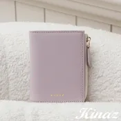 KINAZ 牛皮L型拉鍊零錢袋直式對折短夾-粉彩紫-馬賽克系列