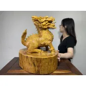 阿一藝品 高檔檜木 釘瘤料【納福麒麟】開運 收藏 貔貅 麒麟 靈獸 雕工精細 招財旺運 風水轉運擺件 C62